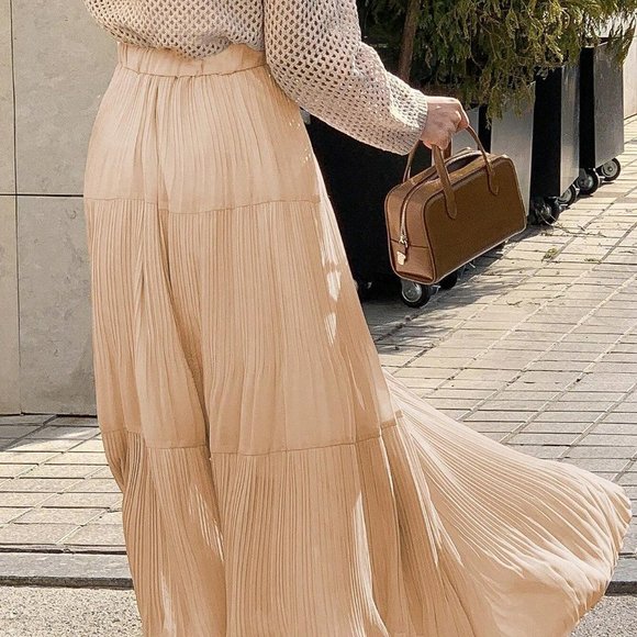 Apricot Casual Womens Solid Pleated Ruffle Hem Skirt - Picture 2 of 5